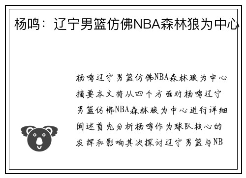 杨鸣：辽宁男篮仿佛NBA森林狼为中心